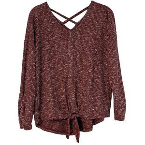 Bobbie Brooks Ladies Red Speckled Button Down Tie Bottom Sweater XL